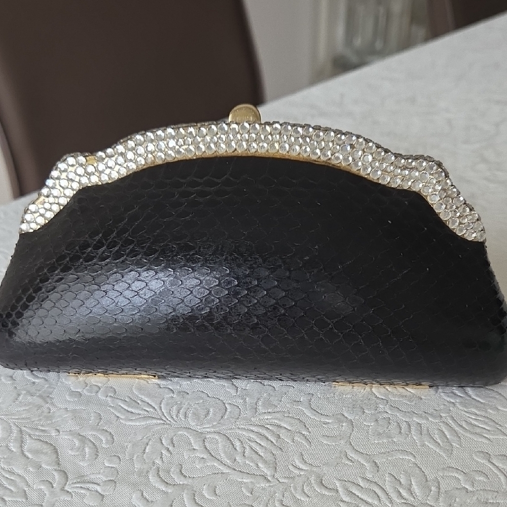 Chic Black Evening Metal Clutch Covered In Snakeskin, Rhinestones Details